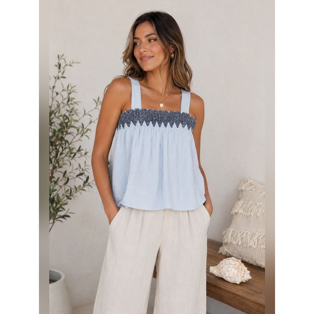Jacqui E Sky Blue Smocked Blouse